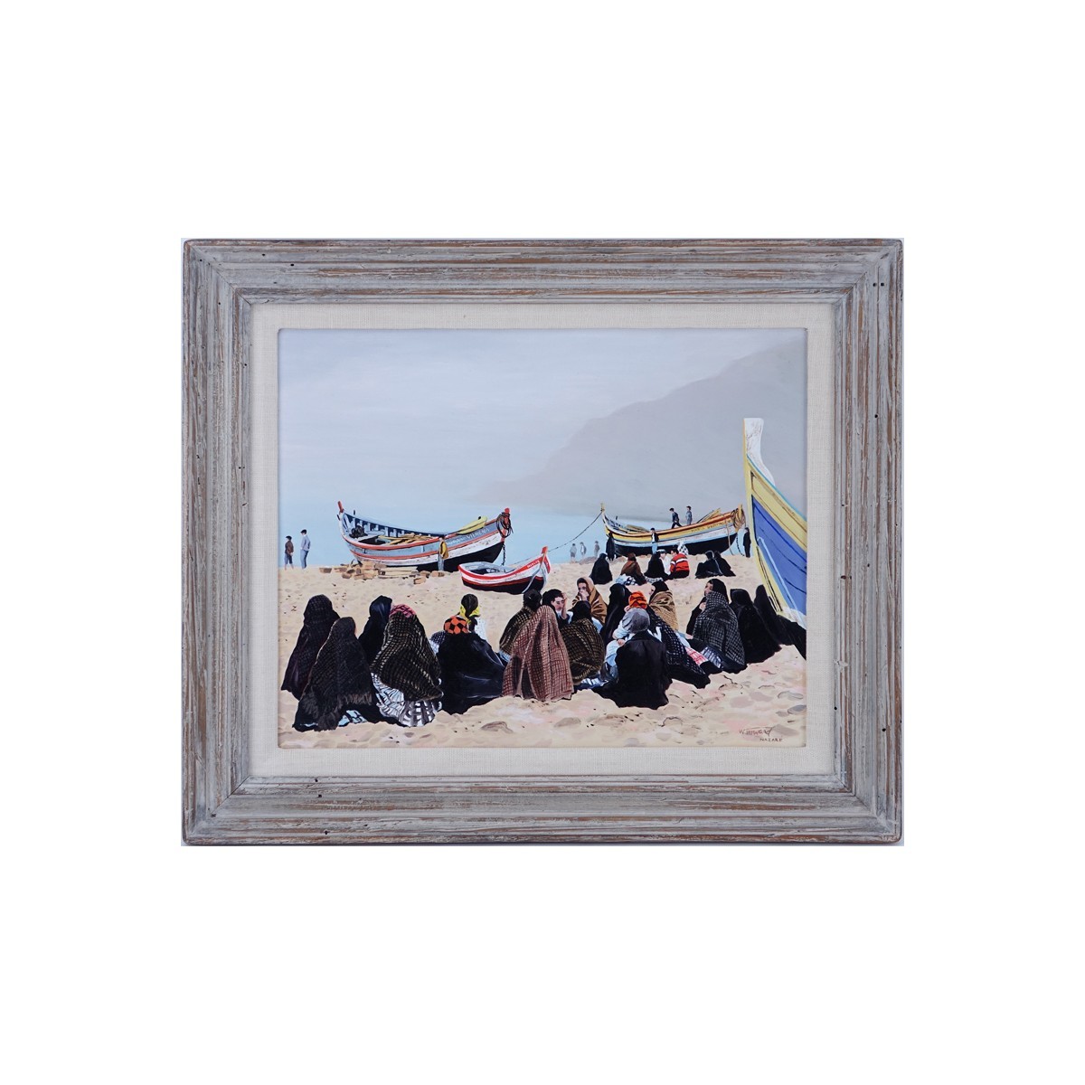 Wing Howard, American  (1921 - 1998)  Oil on Masonite, Beach Scene in Nazare, Signed 'W. Howard' Lower Right.