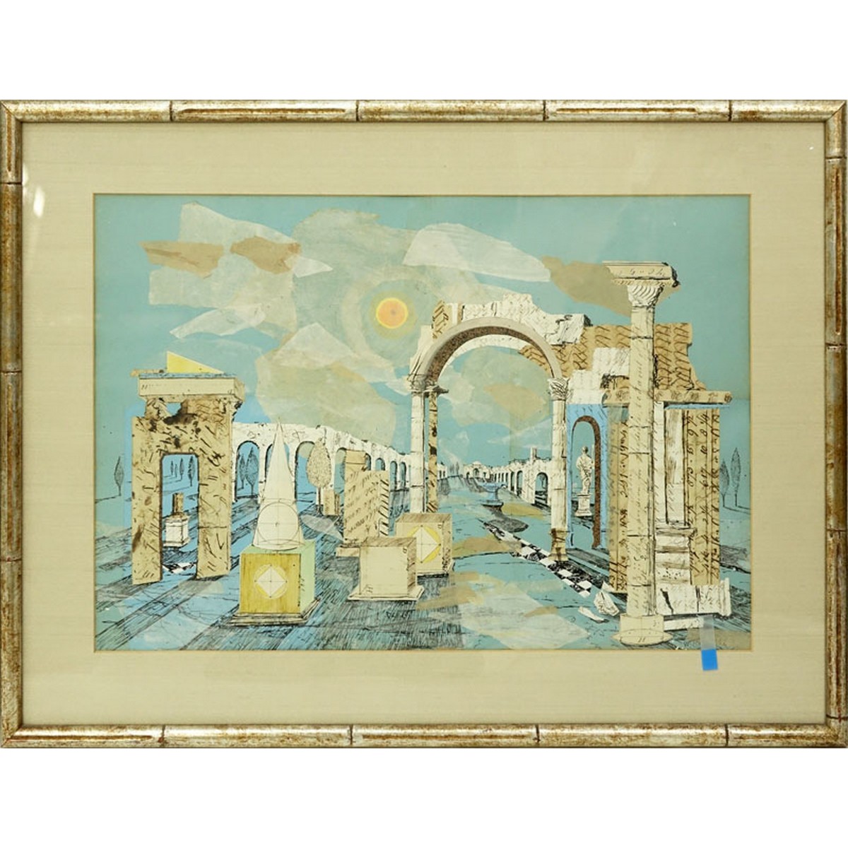 Wing Howard, American  (1921 - 1998) Mixed Media Collage "The Rise and Fall" Signed Lower Right. Country Art Gallery label en verso.