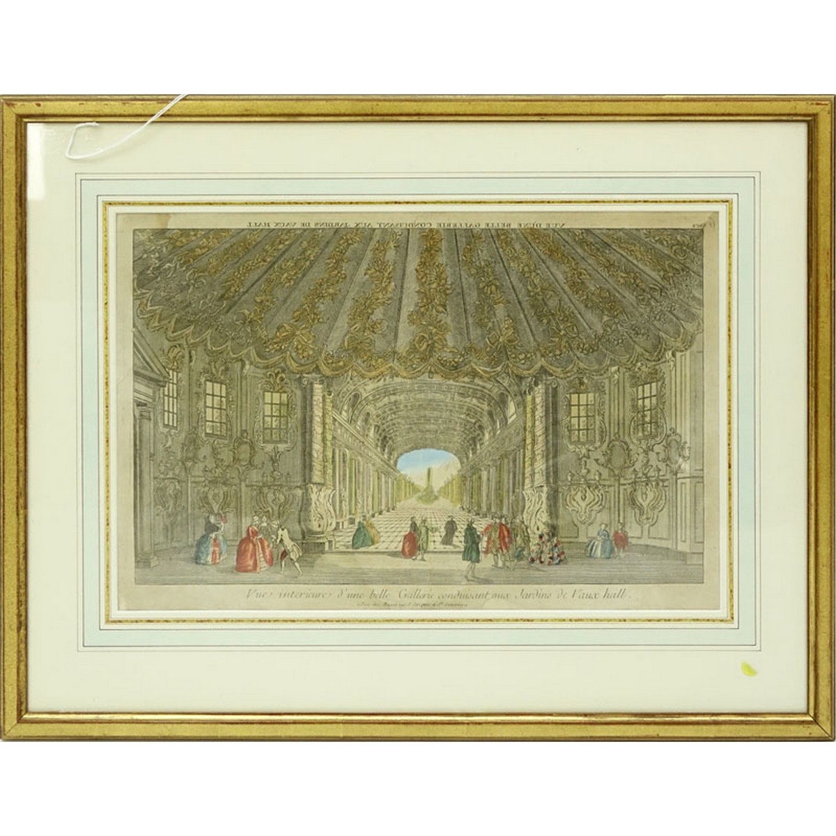 17/18th French School Hand Color Engraving, Vue Interieure d’une Belle Galerie Conduisant aux Jardins de Vaux Hall, a Pris chez Basset S. Jacques a Genevieve, no 188.