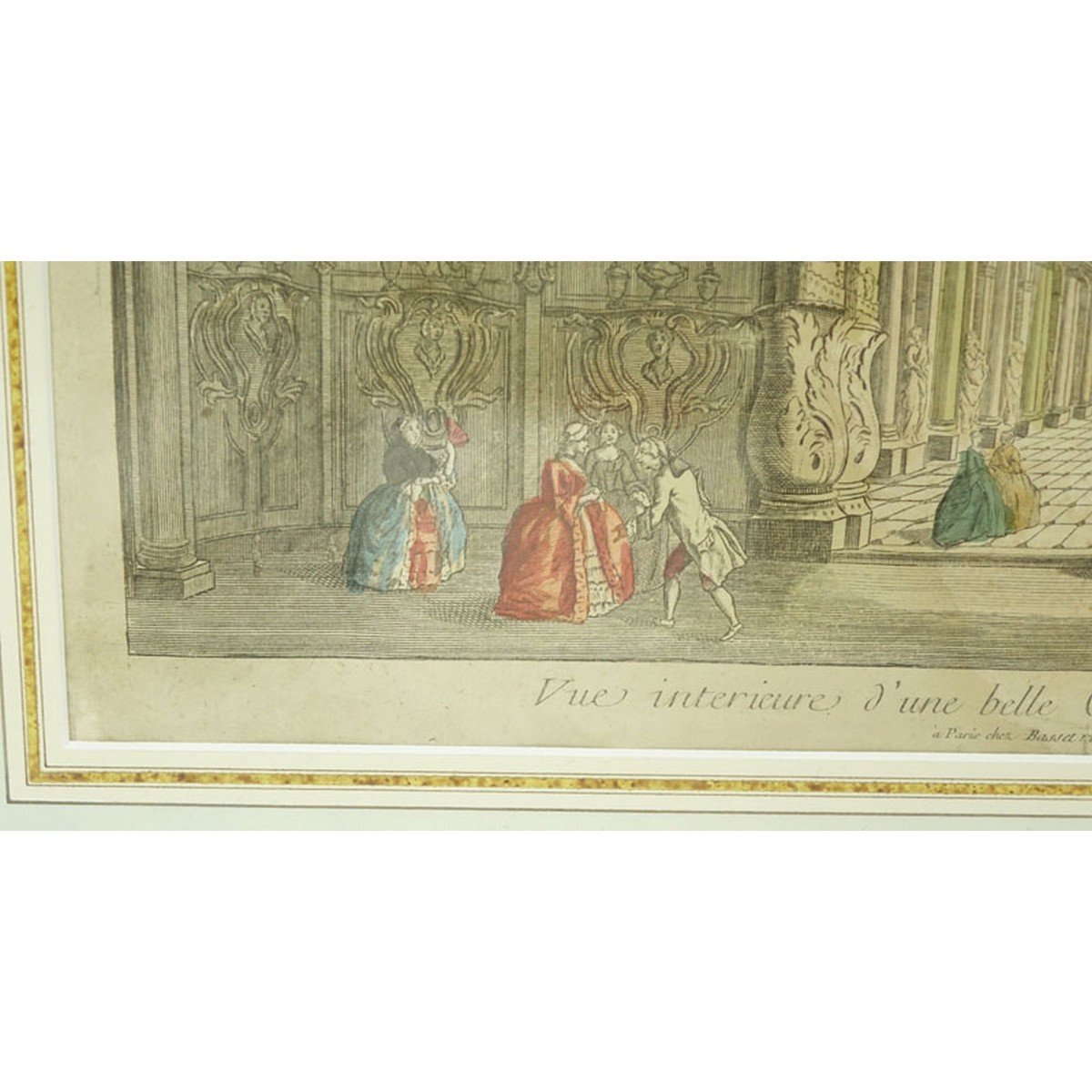 17/18th French School Hand Color Engraving, Vue Interieure d’une Belle Galerie Conduisant aux Jardins de Vaux Hall, a Pris chez Basset S. Jacques a Genevieve, no 188.