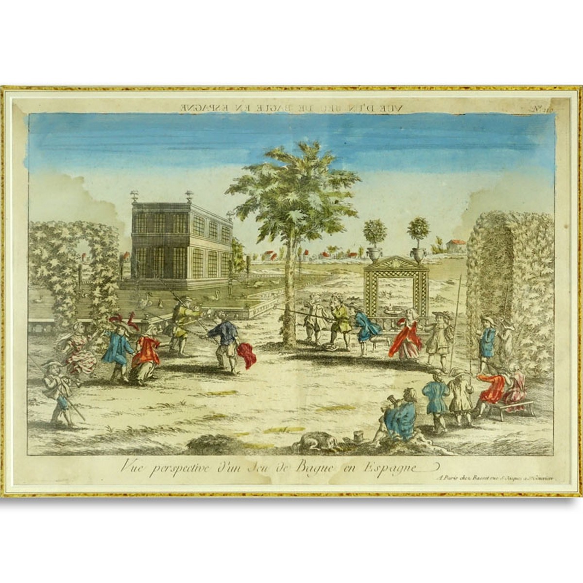 17/18th French School Hand Color Engraving, Vue d' un Jeu de Bague en Espagne, a Paris chez Basset rue S. Jacques, Genevieve, no 110.