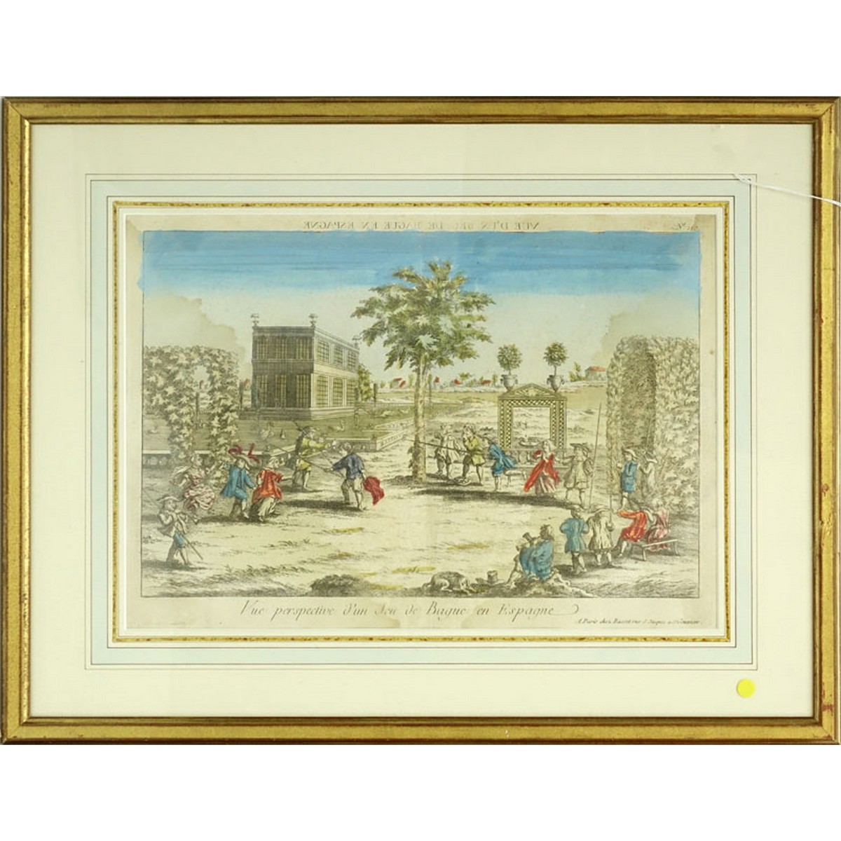 17/18th French School Hand Color Engraving, Vue d' un Jeu de Bague en Espagne, a Paris chez Basset rue S. Jacques, Genevieve, no 110.