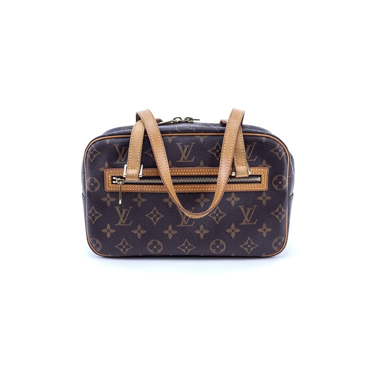 Louis Vuitton Brown Monogram Coated Canvas Cite MM Handbag. Golden brass hardware, brown interior with patch pockets, vachetta straps.