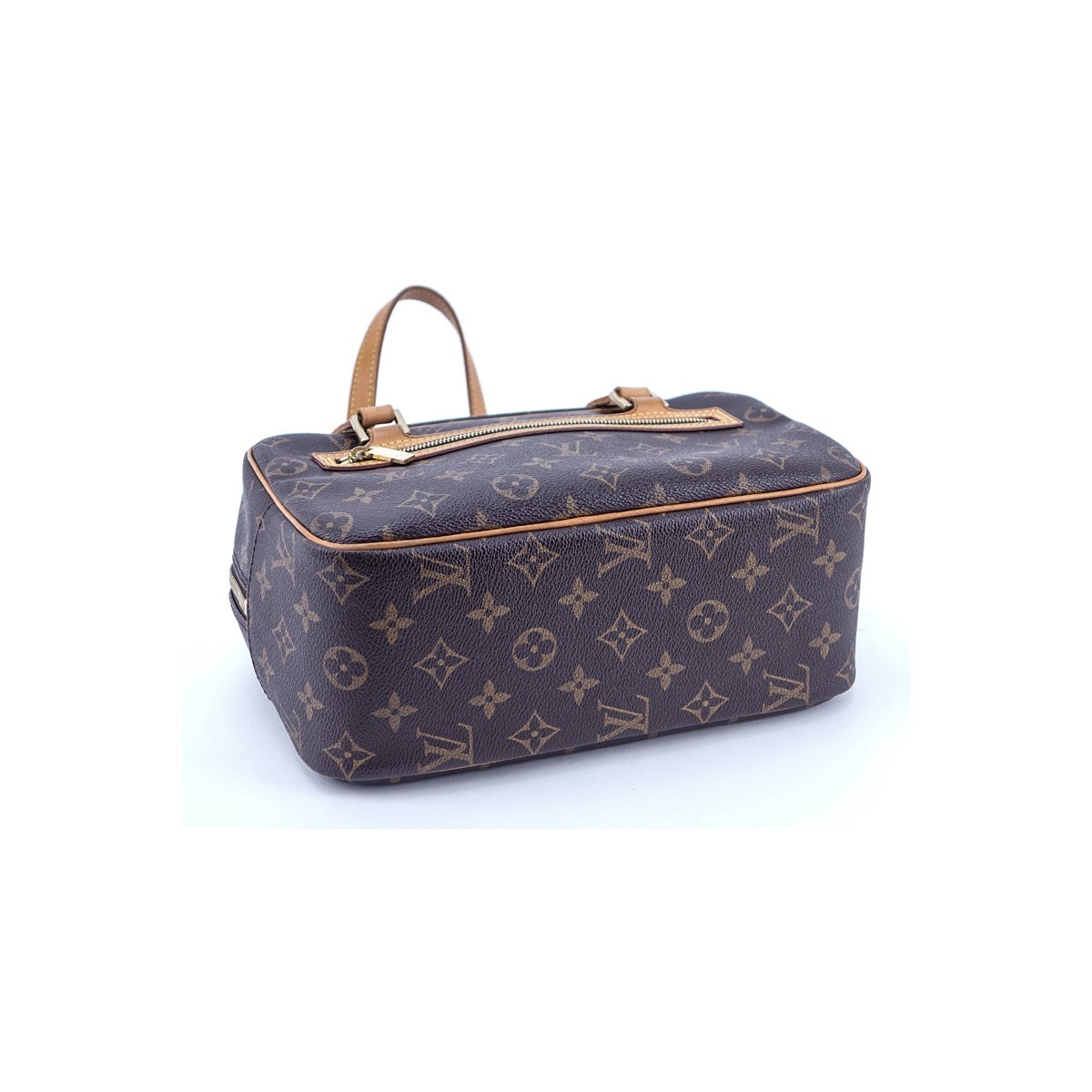 Louis Vuitton Brown Monogram Coated Canvas Cite MM Handbag. Golden brass hardware, brown interior with patch pockets, vachetta straps.