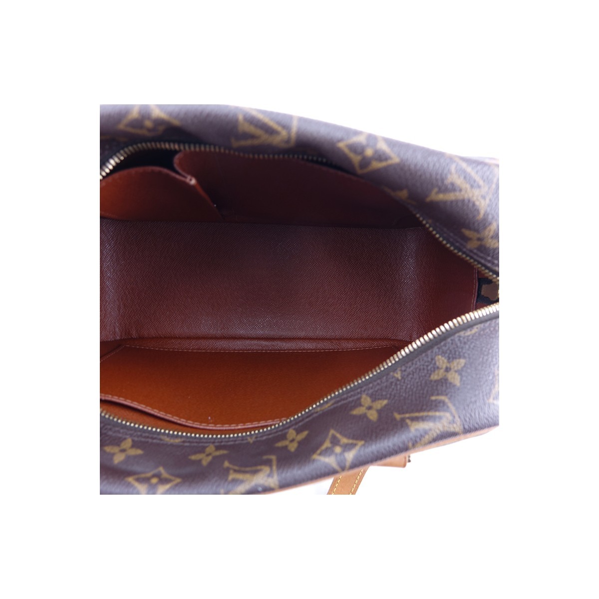Louis Vuitton Brown Monogram Coated Canvas Cite MM Handbag. Golden brass hardware, brown interior with patch pockets, vachetta straps.