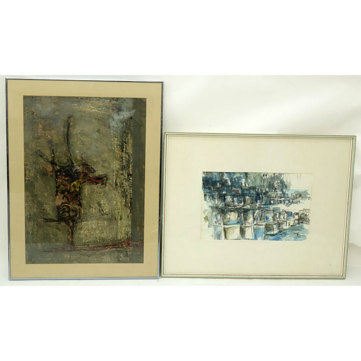Grouping of Two (2) Mixed Media Abstract Compositions on Paper, Unsigned. One artwork has a tear to top right corner and creasing to paper otherwise good condition.