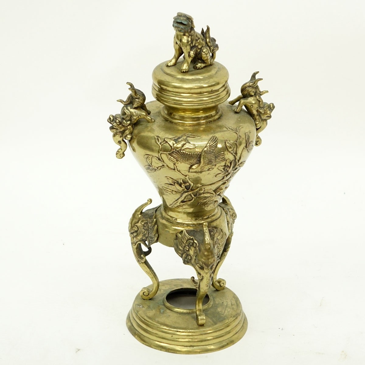 Antique Japanese Gilt Bronze High Standing Incense Burner with Foo Dog Finial. Raised birds and flowers relief, with figural handles.