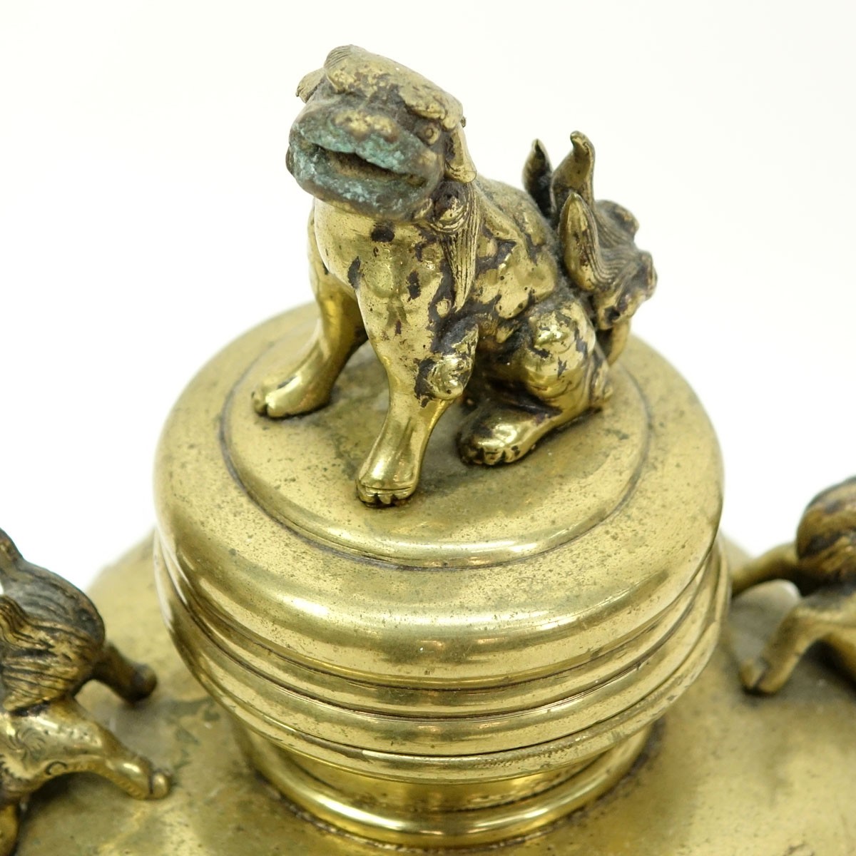 Antique Japanese Gilt Bronze High Standing Incense Burner with Foo Dog Finial. Raised birds and flowers relief, with figural handles.