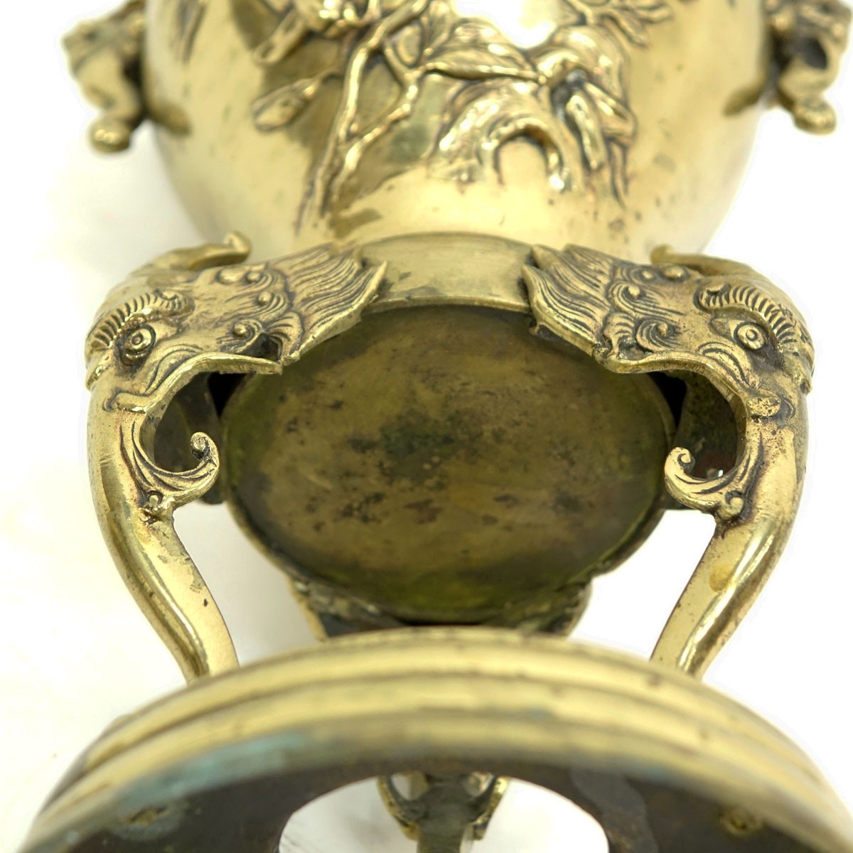 Antique Japanese Gilt Bronze High Standing Incense Burner with Foo Dog Finial. Raised birds and flowers relief, with figural handles.