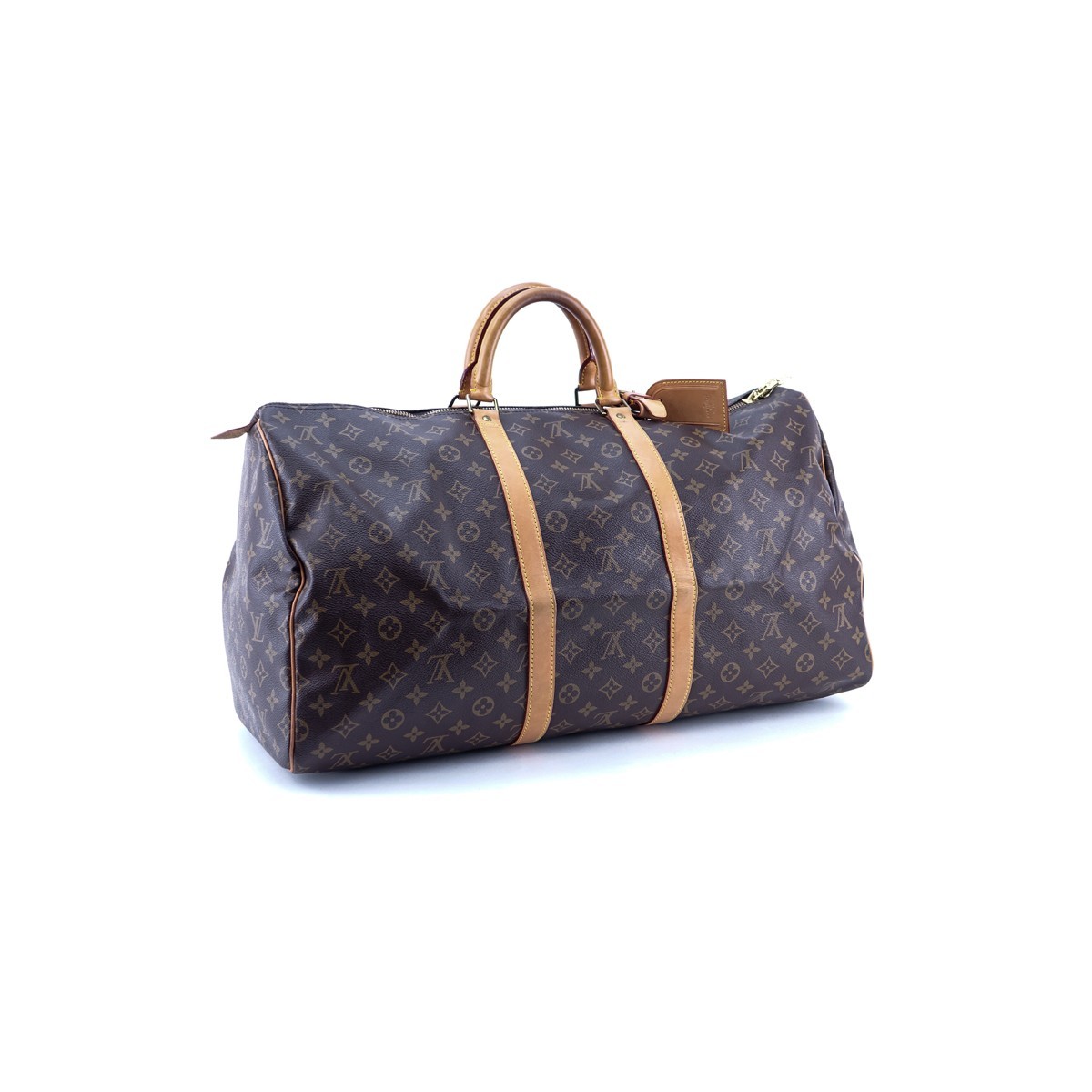 Louis Vuitton Brown Monogram Coated Canvas Keepall Travel Bag 55. Golden brass hardware.