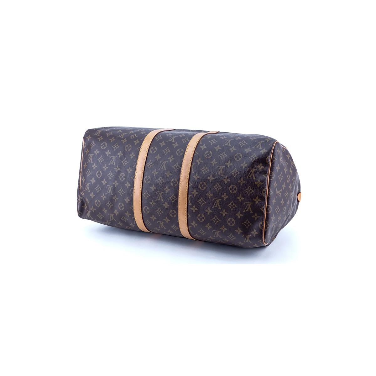 Louis Vuitton Brown Monogram Coated Canvas Keepall Travel Bag 55. Golden brass hardware.