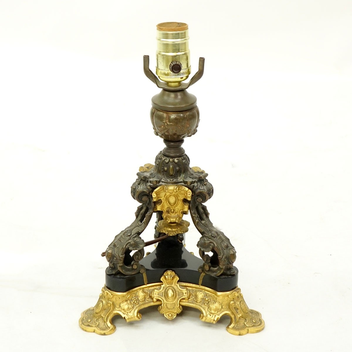 20th Century French Empire Style Gilt and Patinated Bronze Lamp with Marble Insert. Rubbing to bronze, restorations to marble.