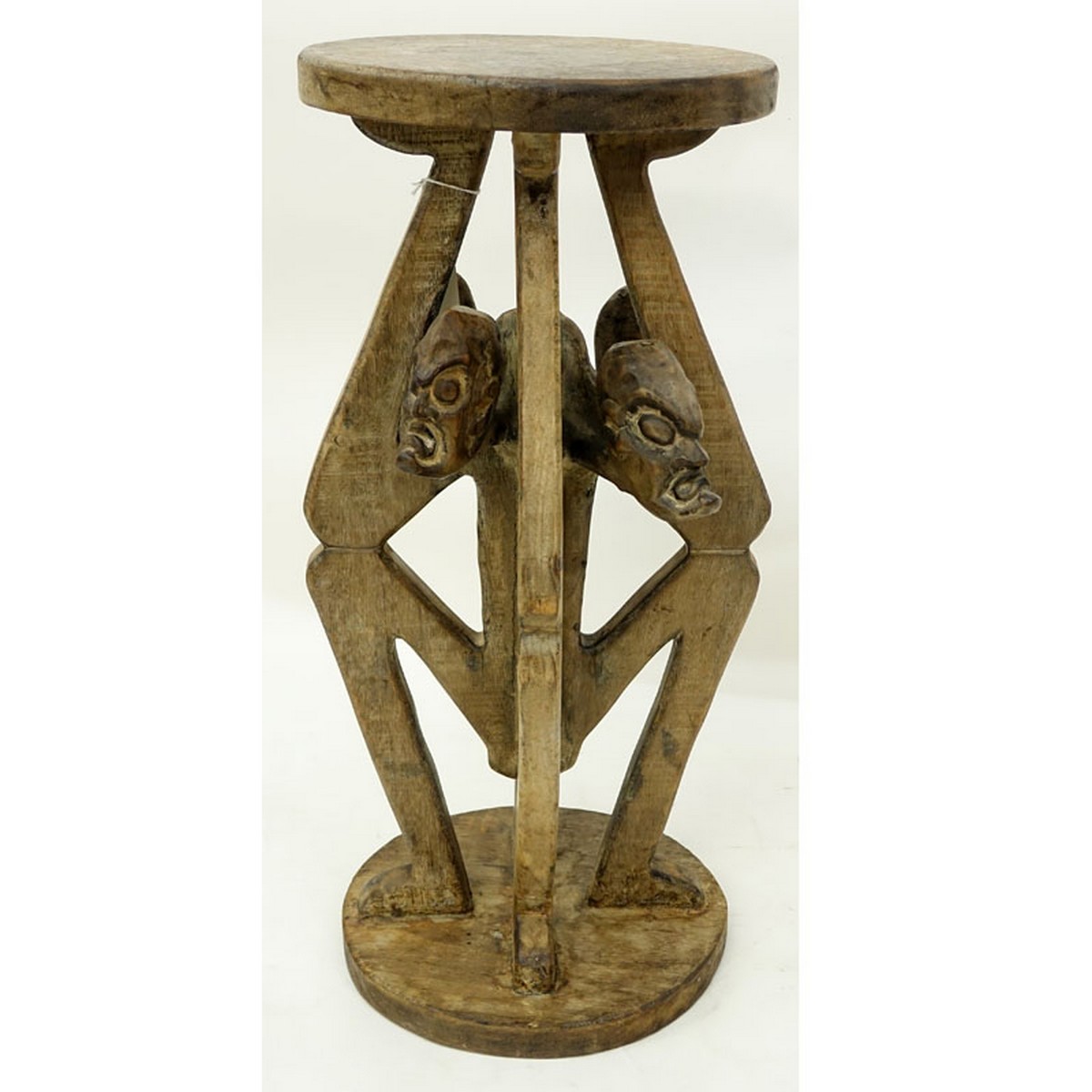 20th Century African Wood Carved Figural Stool, Attributed to the Republic of Congo. Typical condition associated with aging of natural wood otherwise good condition.