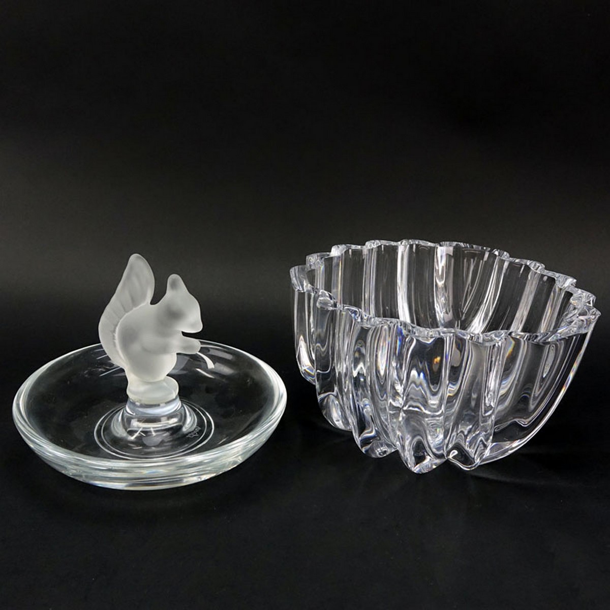 Grouping of Two (2): Orrefors Crystal Bowl, Sevres Crystal and Frosted Crystal Squirrel Candy Dish. All appropriately signed.