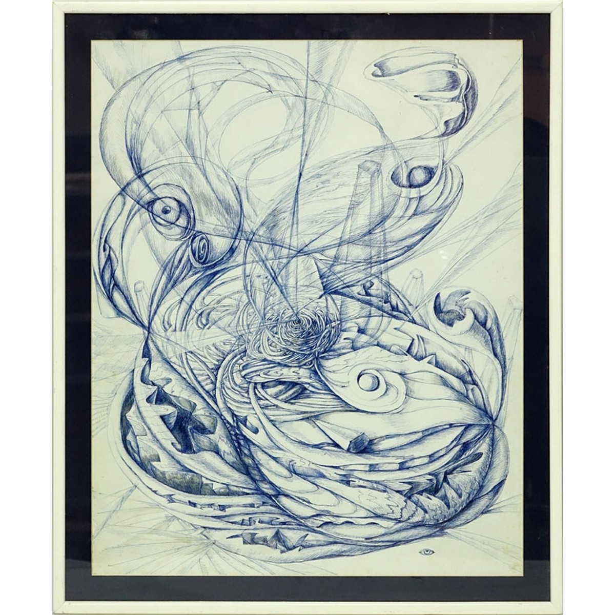 Modern Abstract Pen Drawing on Paper, Possibly Artist Signed Lower Right. Spotting and creasing to paper.