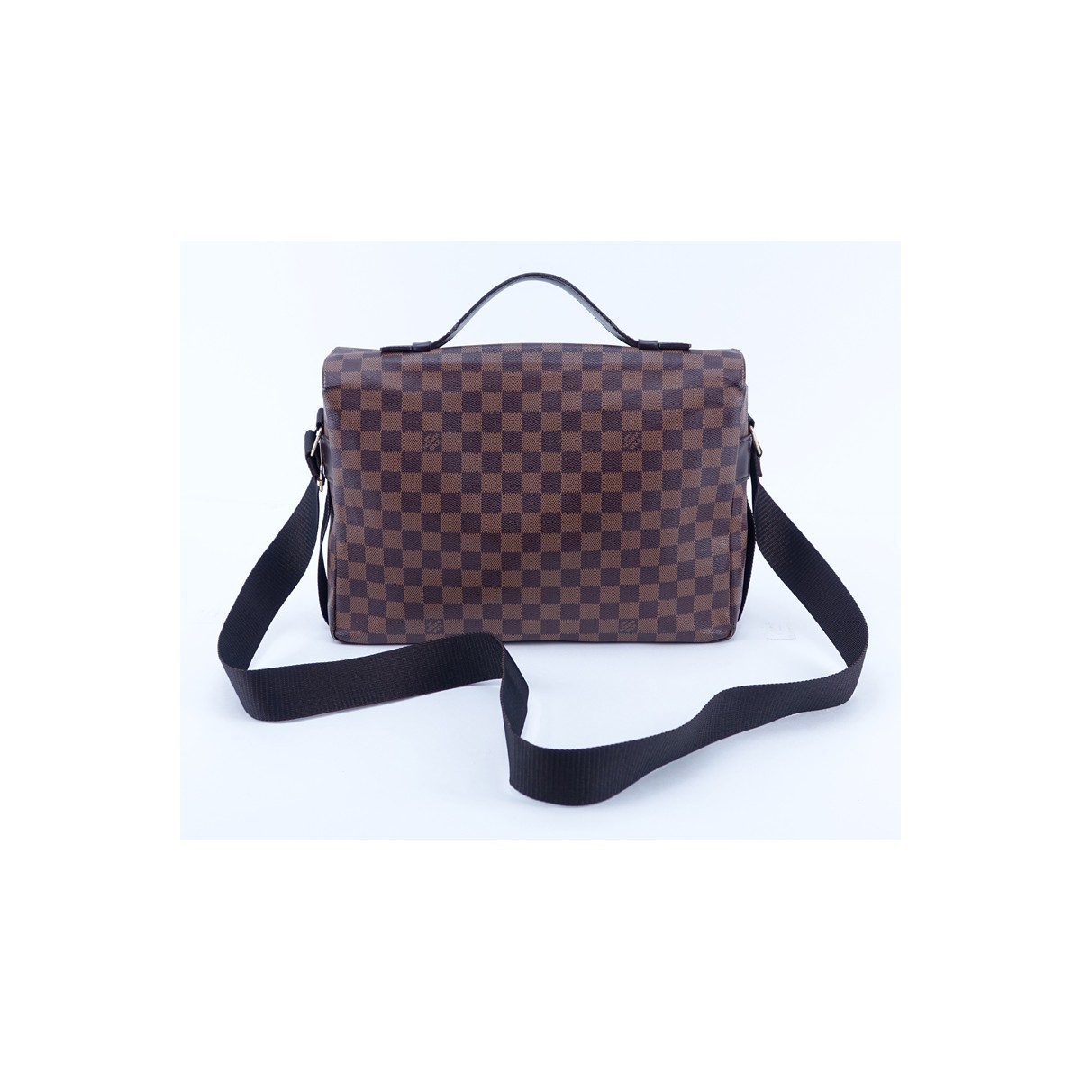 Louis Vuitton Brown Damier Ebene Coated Canvas Broadway Satchel. Golden brass hardware, dark orange canvas interior with roomy slip pockets, brown canvas strap.