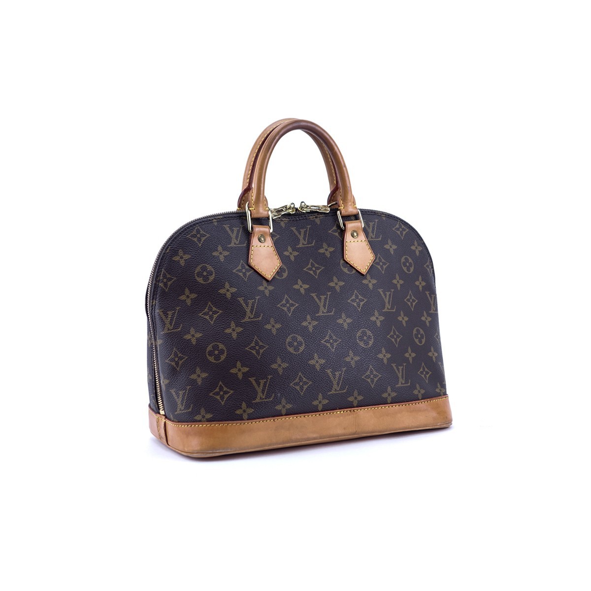 Louis Vuitton Brown Monogram Coated Canvas Alma PM Tote. Golden brass hardware, vachetta straps.