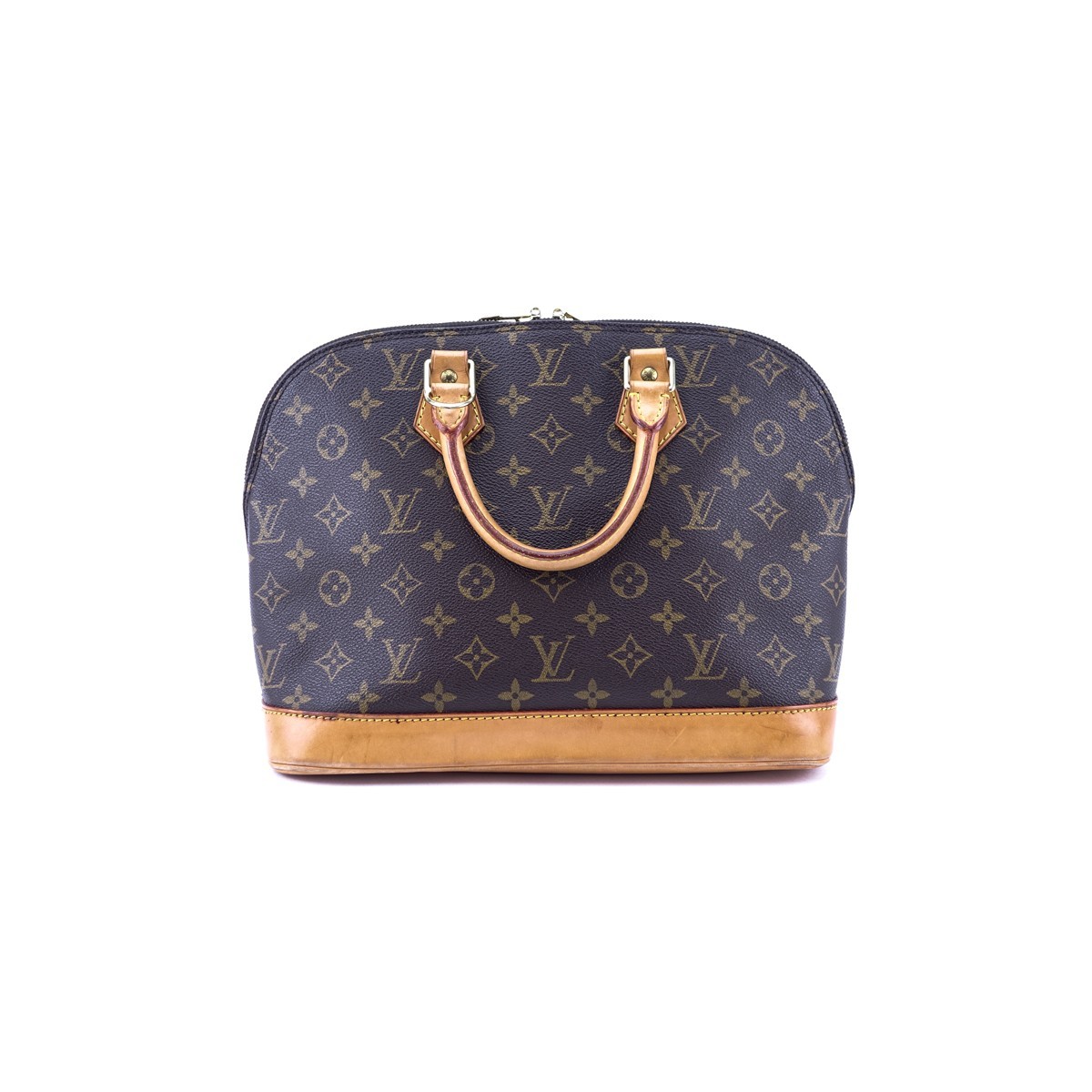 Louis Vuitton Brown Monogram Coated Canvas Alma PM Tote. Golden brass hardware, vachetta straps.