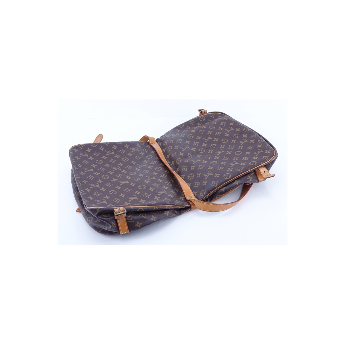 Louis Vuitton Brown Monogram Coated Canvas Saumur 30 Double Strap 2 Sided Crossbody Messenger Bag. Golden brass hardware, vachetta straps.