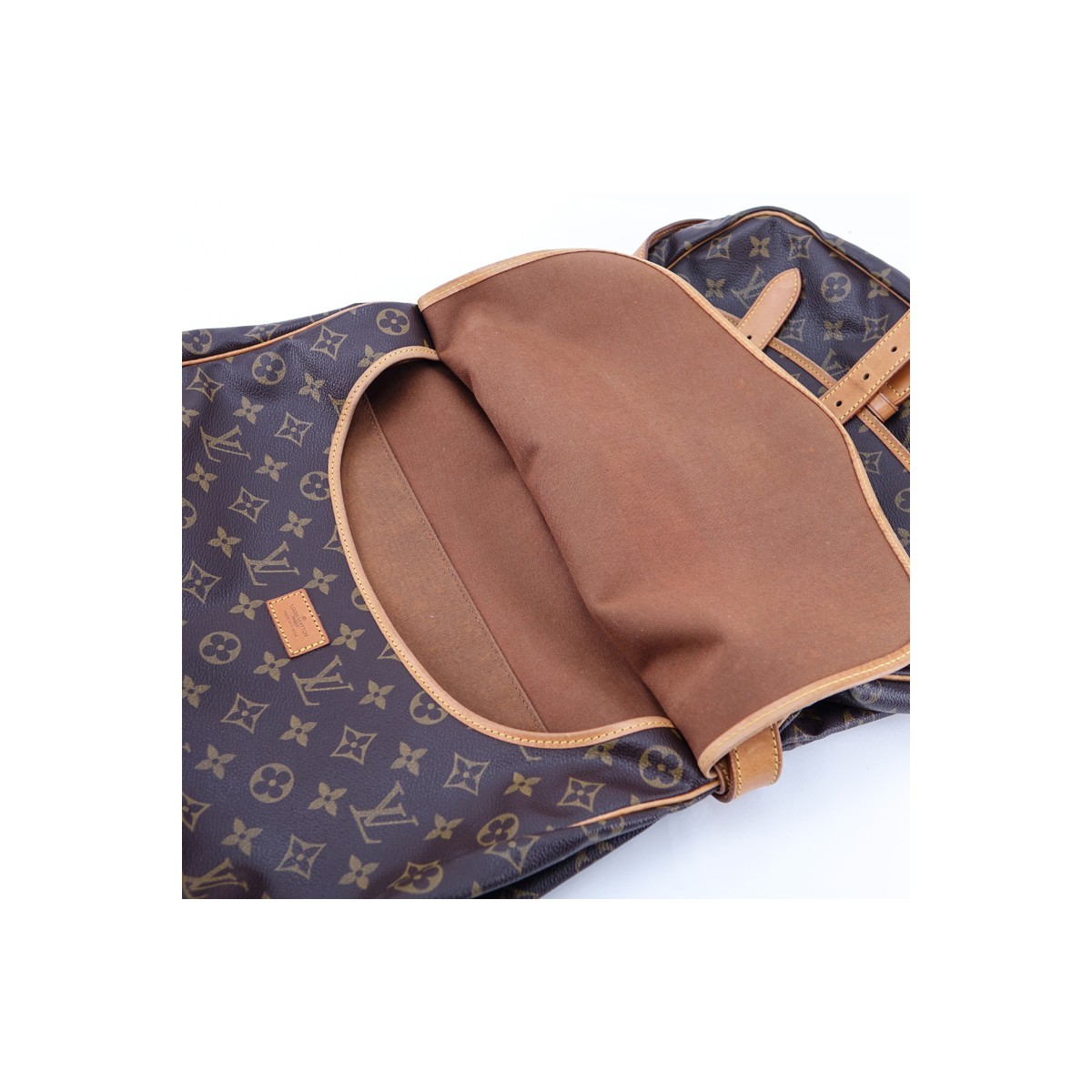 Louis Vuitton Brown Monogram Coated Canvas Saumur 30 Double Strap 2 Sided Crossbody Messenger Bag. Golden brass hardware, vachetta straps.