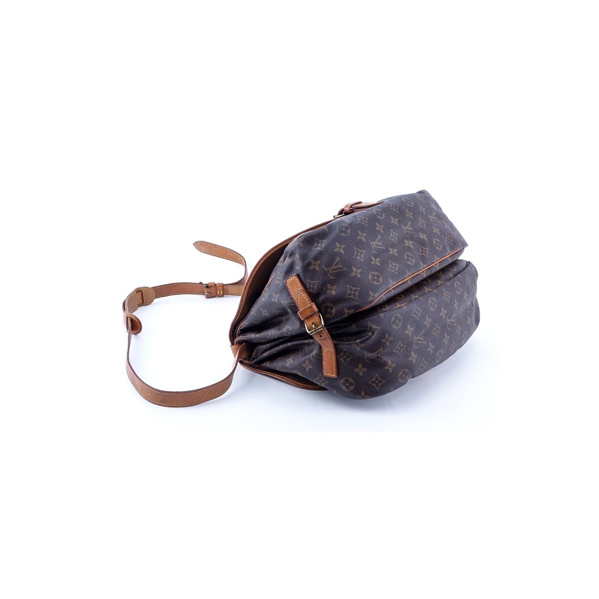 Louis Vuitton Brown Monogram Coated Canvas Saumur 30 Double Strap 2 Sided Crossbody Messenger Bag. Golden brass hardware, vachetta straps.