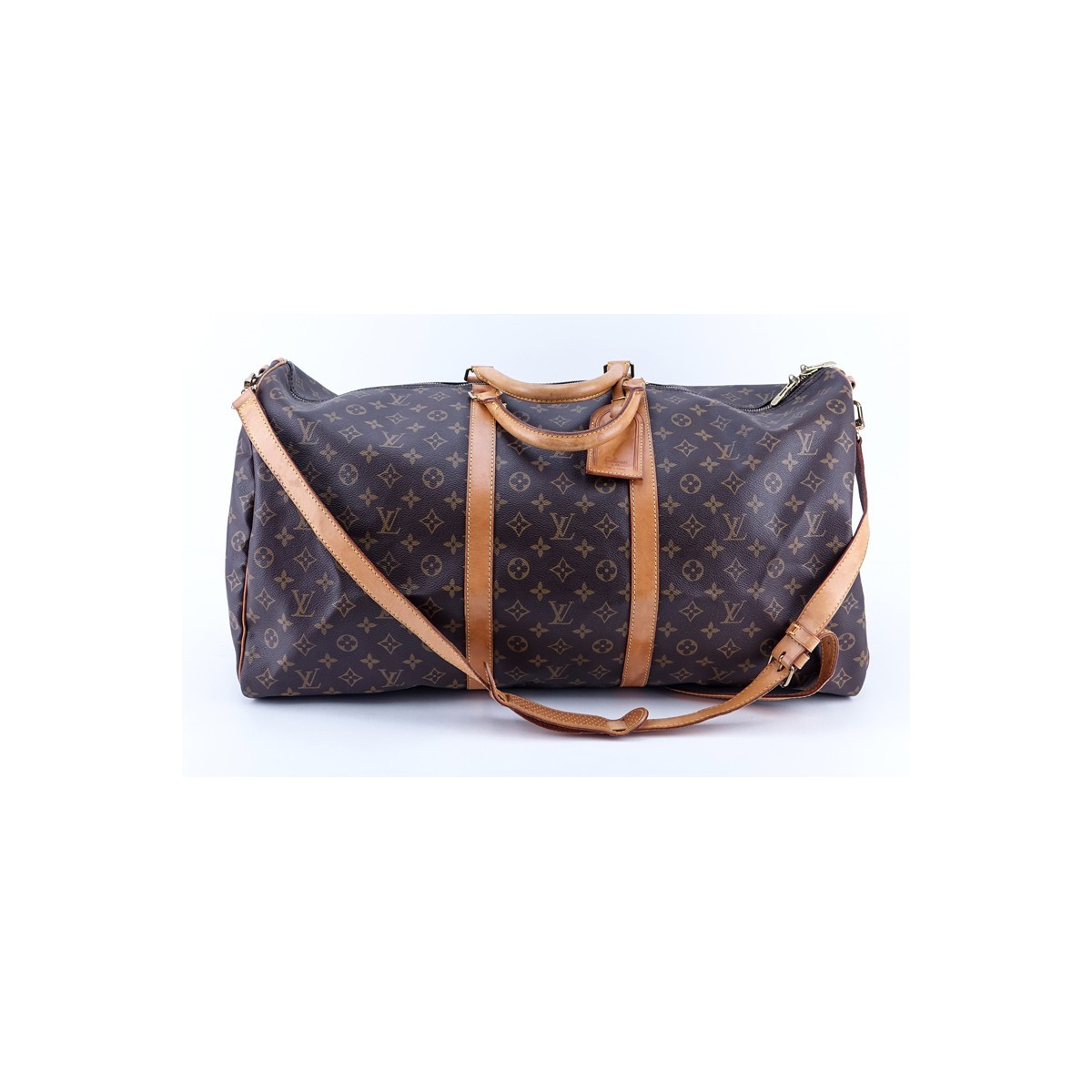 Louis Vuitton Brown Monogram Coated Canvas Keepall Bandouliere 50. Golden brass hardware.