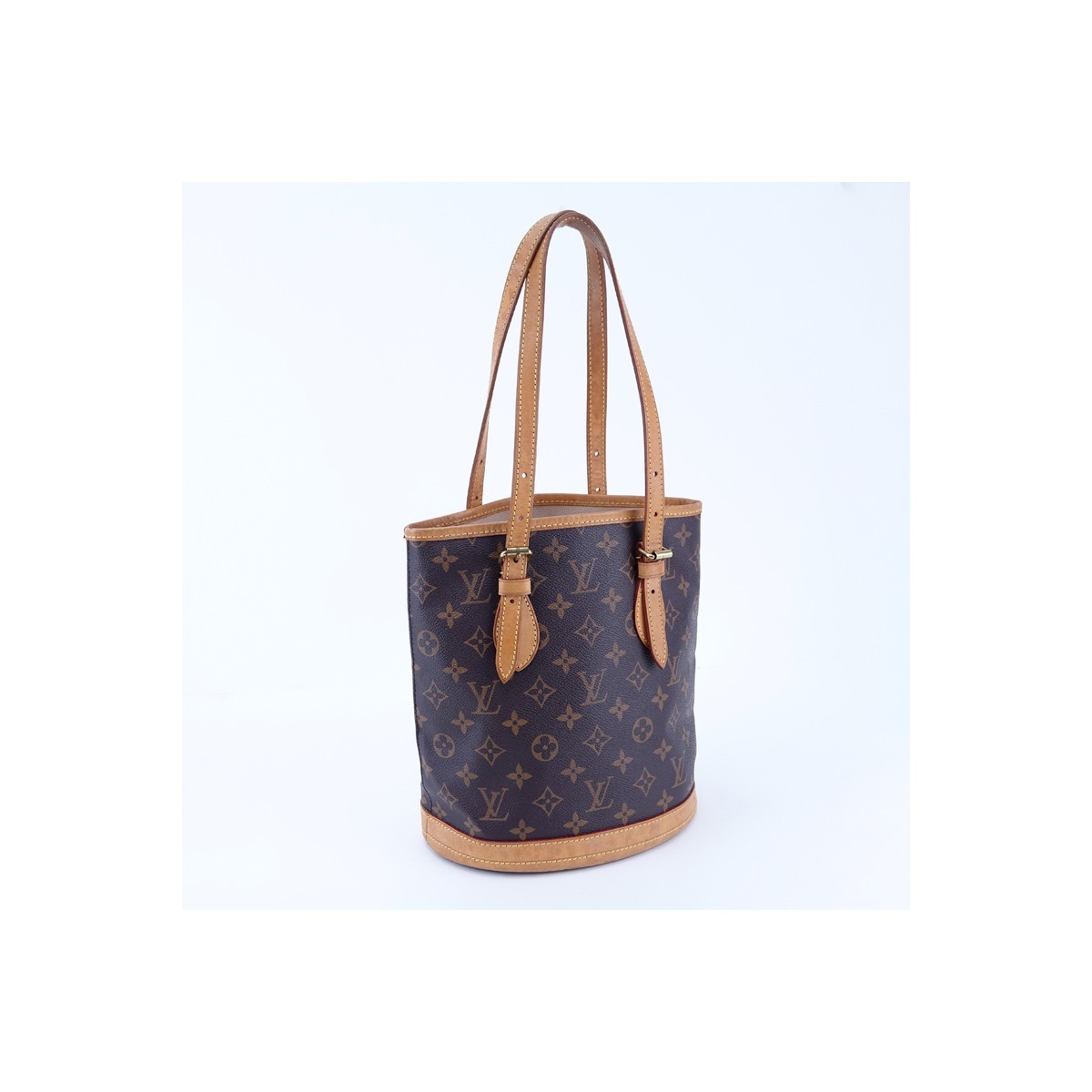 Louis Vuitton Brown Monogram Coated Canvas Bucket PM Bag. Golden brass hardware, beige leather interior with zipper and slot pockets, vachetta straps.