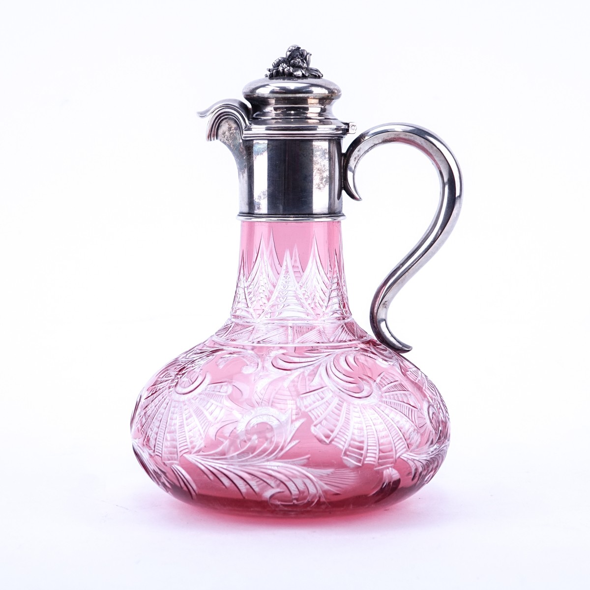 Faberge Moscow 1896 Silver and Cut Ruby to Clear Glass Decanter with Relief Flower Finial. Stamped ?.???????, 88 (Moscow city mark).