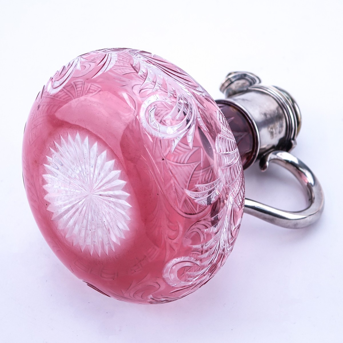 Faberge Moscow 1896 Silver and Cut Ruby to Clear Glass Decanter with Relief Flower Finial. Stamped ?.???????, 88 (Moscow city mark).