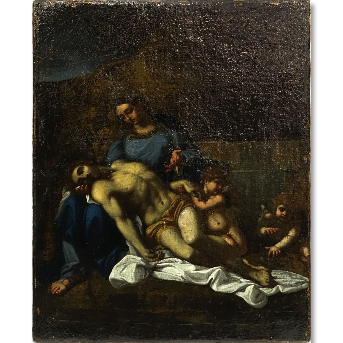 Attributed to: Annibale Carracci, Italian (1560 - 1609) Oil on Canvas "Pieta", label inscribed 'Hanibal Carracci' en verso. Conserved condition, varnish throughout, darkening, paint loss and in-painting.