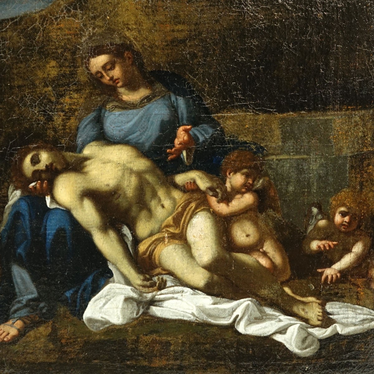 Attributed to: Annibale Carracci, Italian (1560 - 1609) Oil on Canvas "Pieta", label inscribed 'Hanibal Carracci' en verso. Conserved condition, varnish throughout, darkening, paint loss and in-painting.
