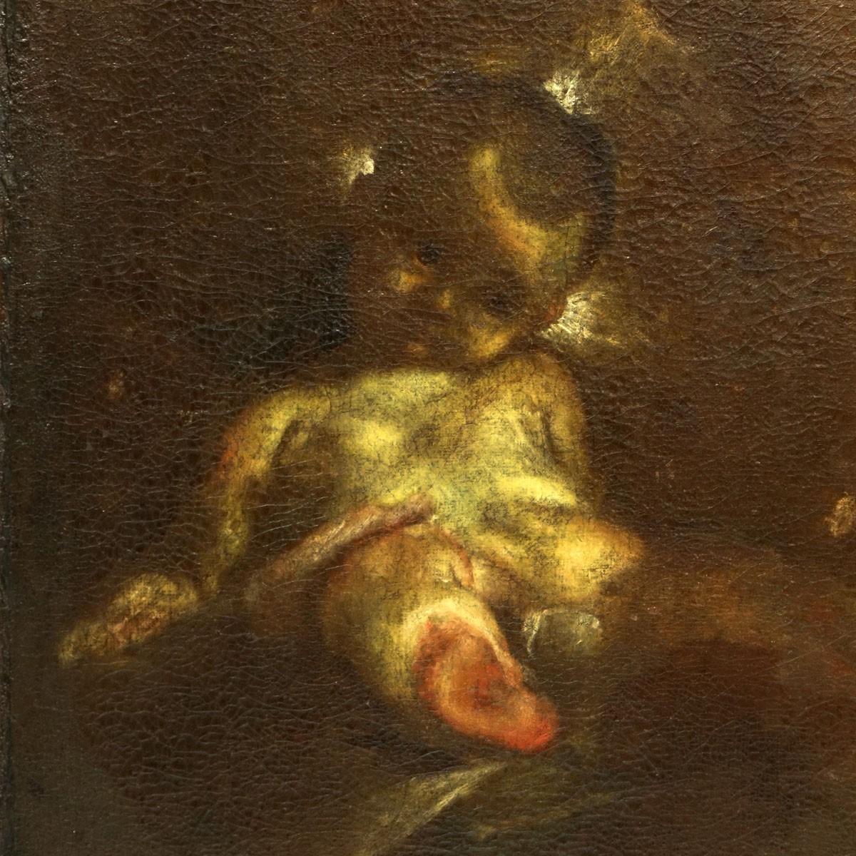 Attributed to: Federico Barocci, Italian (1526/28 - 1612) Oil on Canvas "Sketch of a Child", Label inscribed 'Federigo Barocci' with title en verso. Conserved condition, varnish throughout, heavy craquelure, in painting and darkening to canvas.