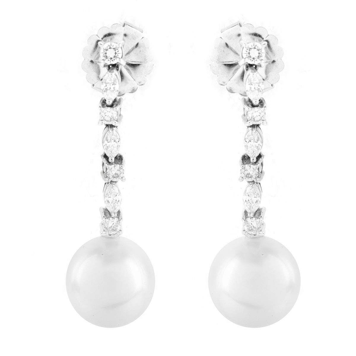 12.5mm South Sea Pearl, 1.25 Carat Marquise and Round Brilliant Cut Diamond and 14 Karat White Gold Pendant Earrings. Pearls with good polis and luster.