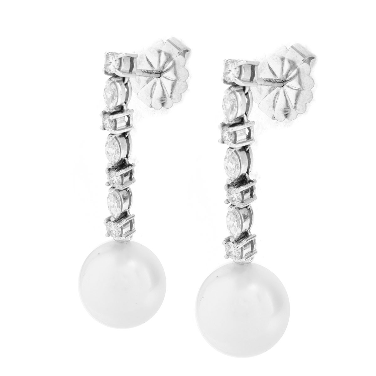 12.5mm South Sea Pearl, 1.25 Carat Marquise and Round Brilliant Cut Diamond and 14 Karat White Gold Pendant Earrings. Pearls with good polis and luster.