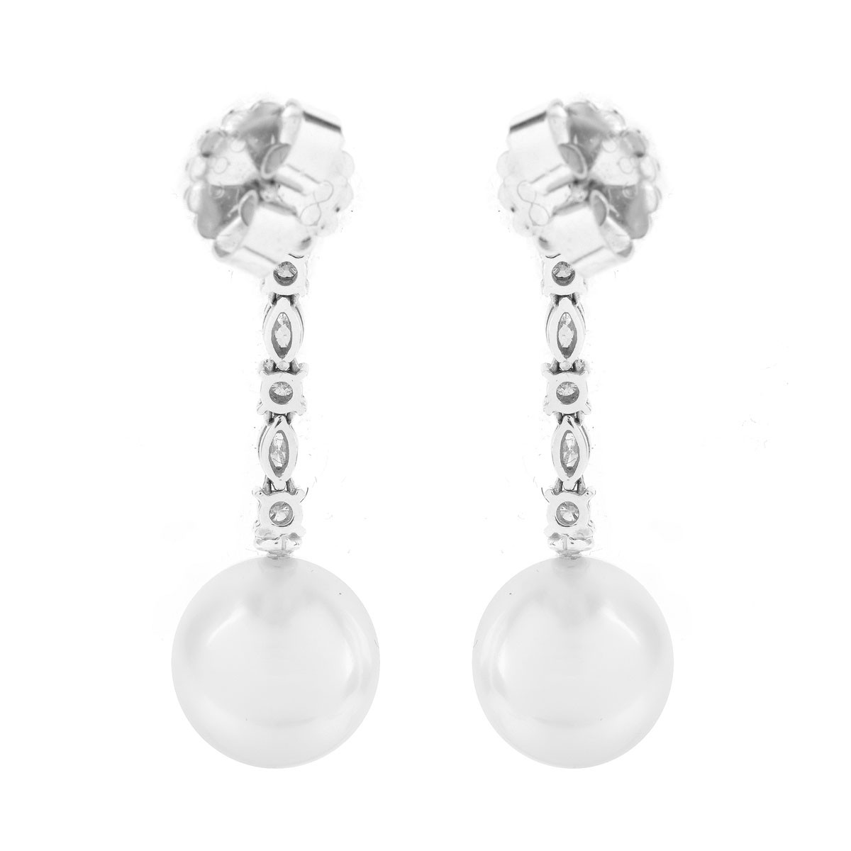 12.5mm South Sea Pearl, 1.25 Carat Marquise and Round Brilliant Cut Diamond and 14 Karat White Gold Pendant Earrings. Pearls with good polis and luster.