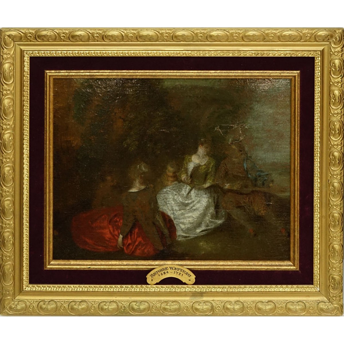 Attributed to: Antoine Watteau, French (1684 - 1721) Oil on Relined Canvas Conserved on Wood Panel "Fete Champetre", Artist name and date inscribed on plaque affixed to frame. Label attached en verso, inscribed "Watteau" on obverse side of the canvas.