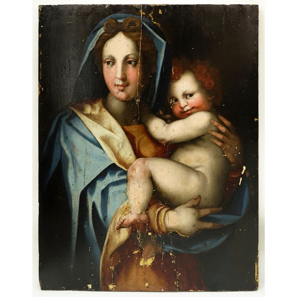 Large 16/17th Century Florentine School Oil on Panel, "Madonna and Child". Conserved condition, craquelure, varnish throughout, paint loss, hairline to center under the varnish.