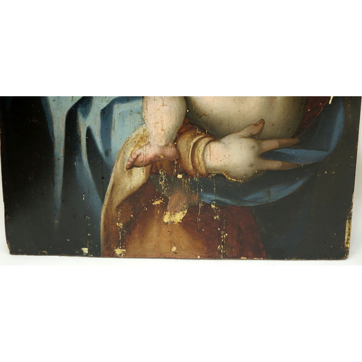 Large 16/17th Century Florentine School Oil on Panel, "Madonna and Child". Conserved condition, craquelure, varnish throughout, paint loss, hairline to center under the varnish.