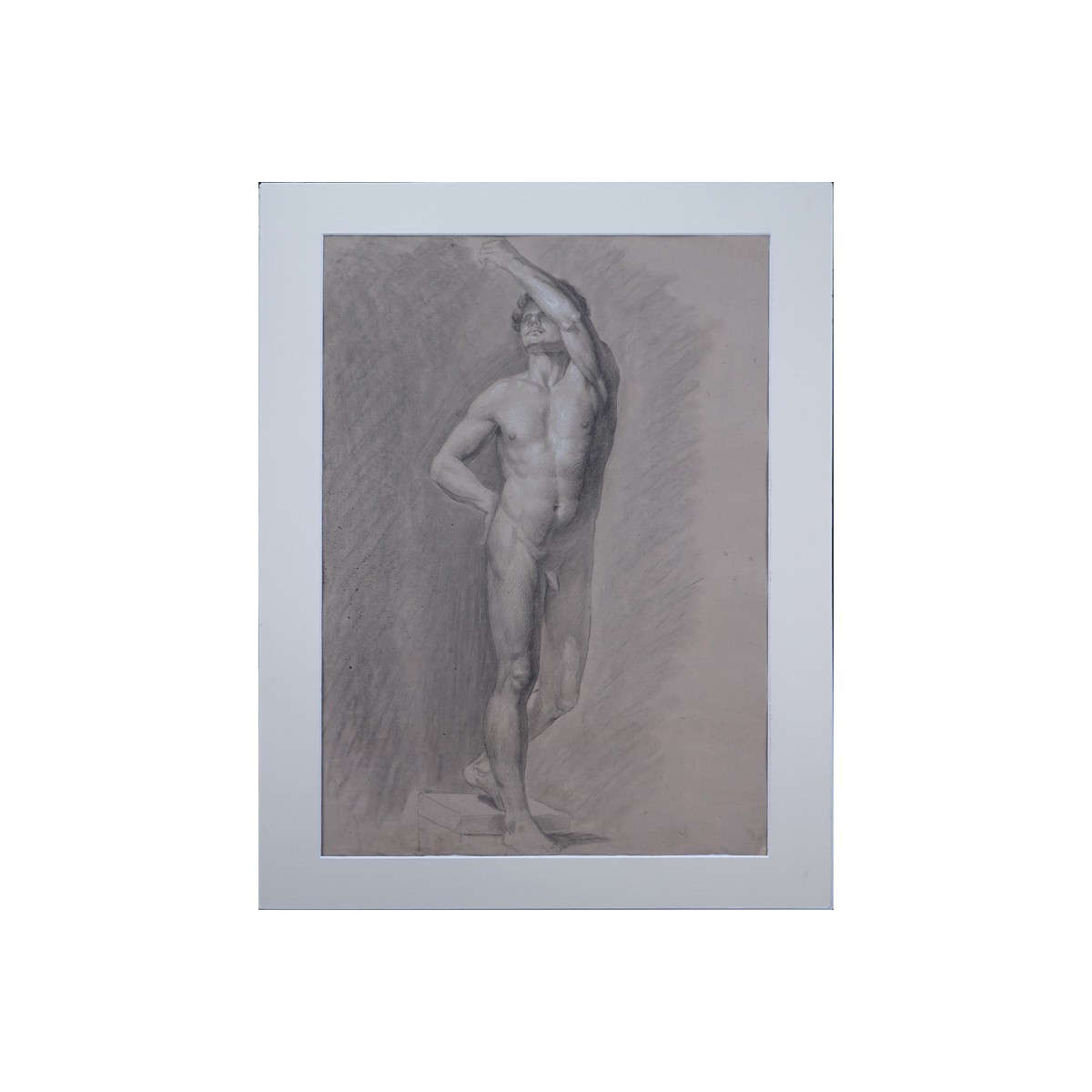 19th Century Italian Academic Graphite and Charcoal With White Highlights On Paper "Male Nude Study". Unsigned.