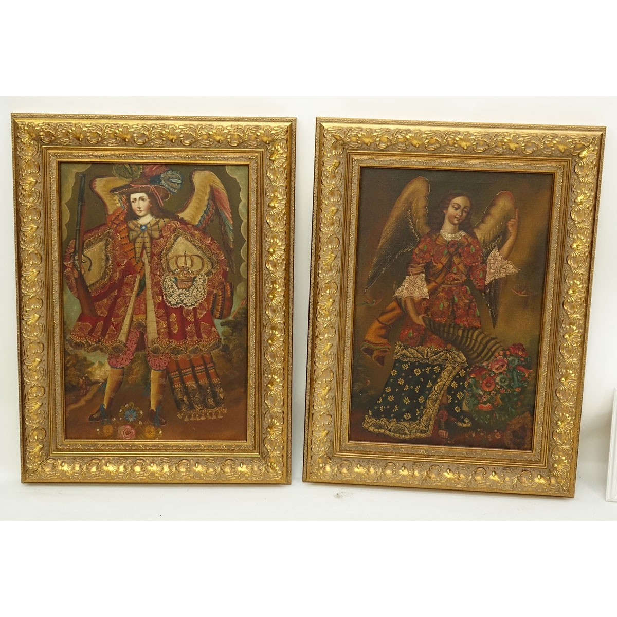 Pair of Cuzco School Oil on Canvas Paintings, Angel with Gun and San Gabriel, One Inscribed Lower Right. Unsigned.