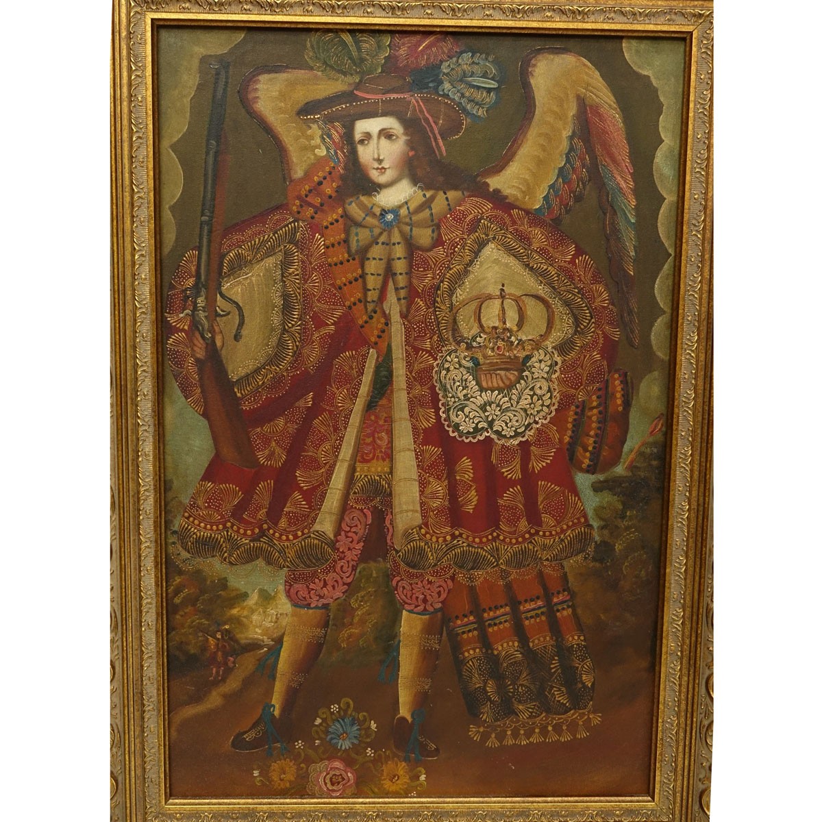 Pair of Cuzco School Oil on Canvas Paintings, Angel with Gun and San Gabriel, One Inscribed Lower Right. Unsigned.