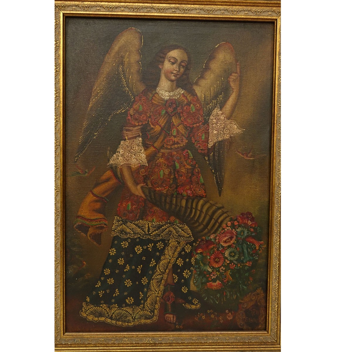 Pair of Cuzco School Oil on Canvas Paintings, Angel with Gun and San Gabriel, One Inscribed Lower Right. Unsigned.