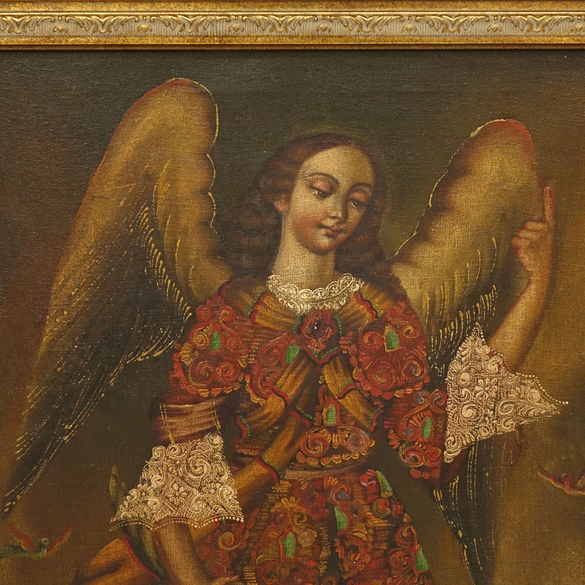 Pair of Cuzco School Oil on Canvas Paintings, Angel with Gun and San Gabriel, One Inscribed Lower Right. Unsigned.