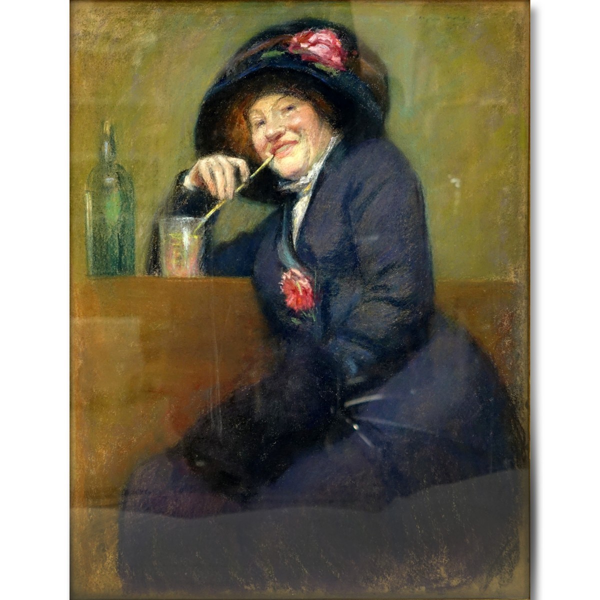 19th Century French Pastel "Woman With Drink" Unsigned. Old French labels en verso.