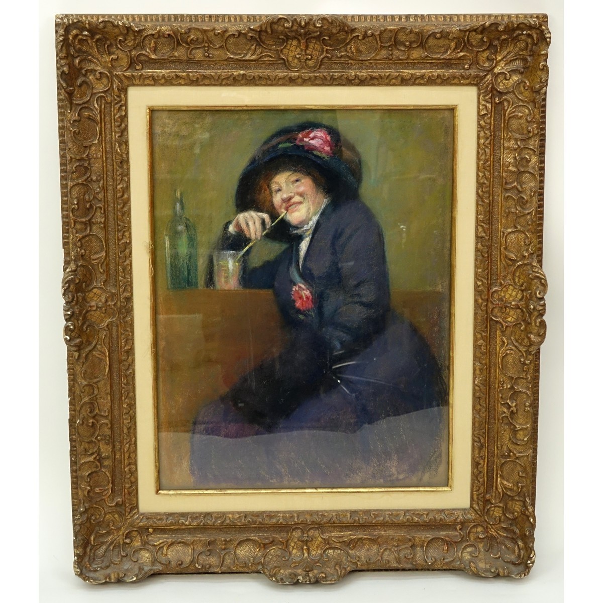 19th Century French Pastel "Woman With Drink" Unsigned. Old French labels en verso.