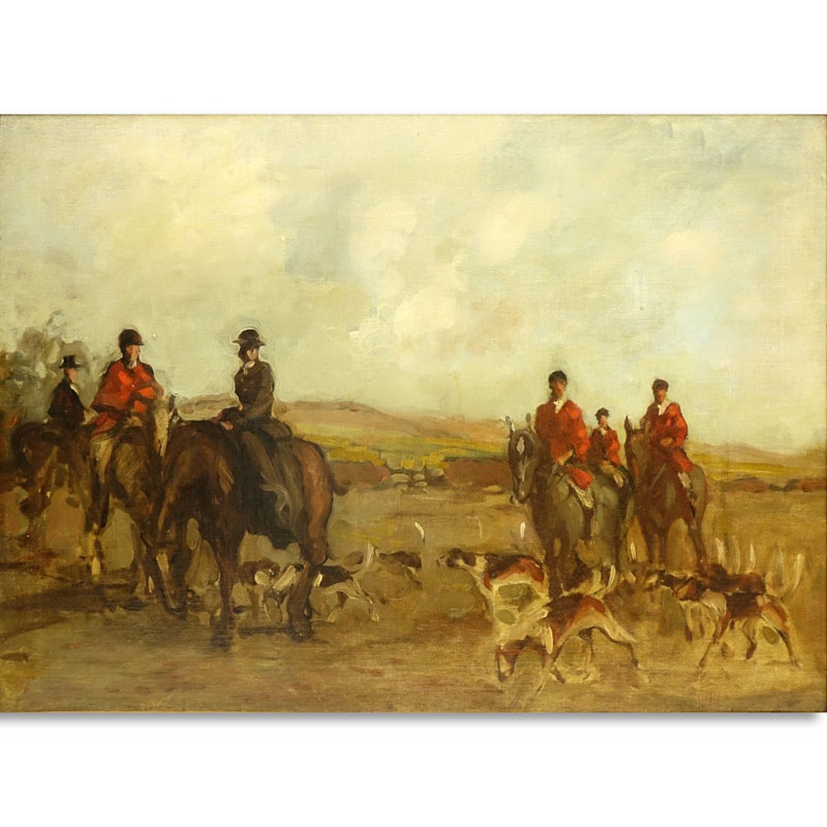 Antique Style Oil On Canvas "Preparing For The Hunt". Unsigned.