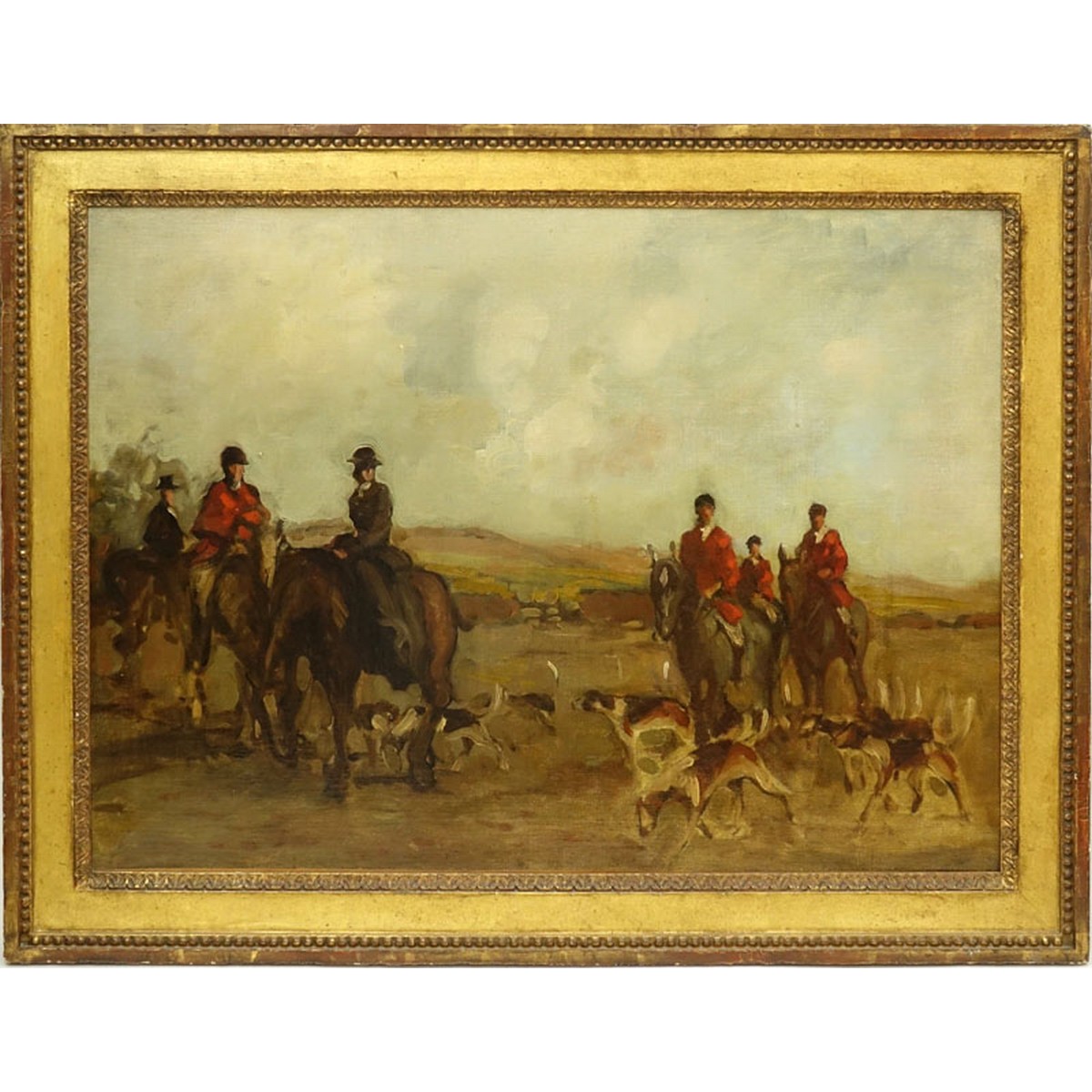 Antique Style Oil On Canvas "Preparing For The Hunt". Unsigned.