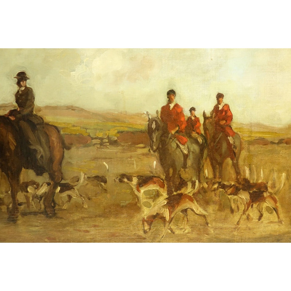 Antique Style Oil On Canvas "Preparing For The Hunt". Unsigned.