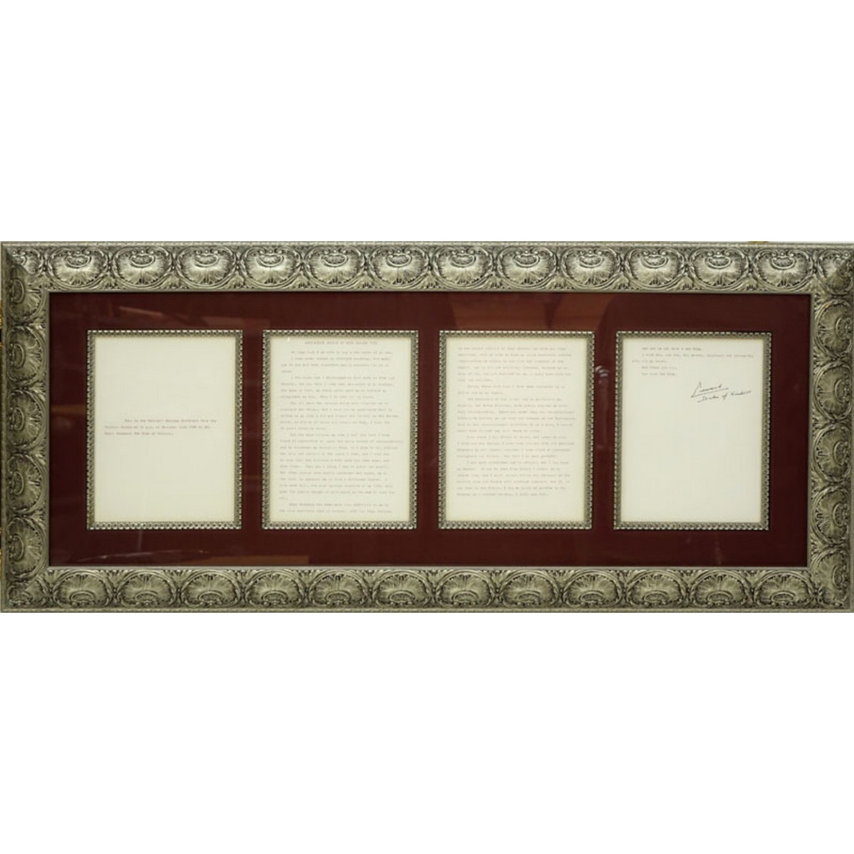 Signed King Edward VIII (Duke of Windsor) Farewell Broadcast Abdication Speech Dated December 11, 1936, Four (4) Page Letter is Now Mounted in a Shadowbox Frame.  Accompanied by the original Sotheby's Parke Bernet Auction Card from Sale Number 4421 Lot #1