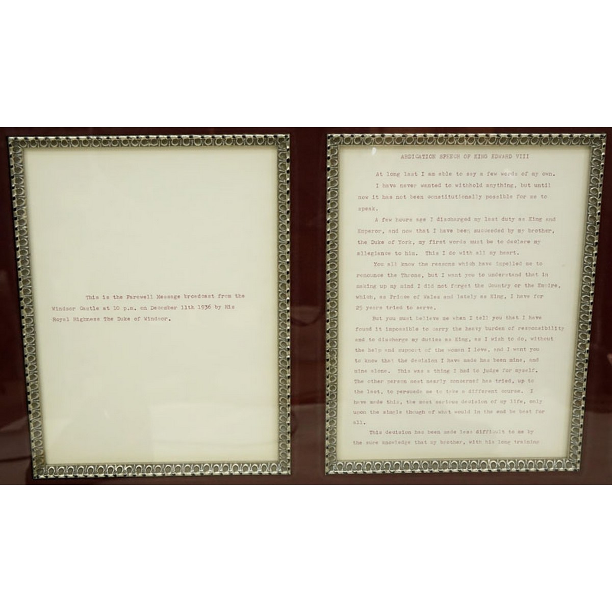 Signed King Edward VIII (Duke of Windsor) Farewell Broadcast Abdication Speech Dated December 11, 1936, Four (4) Page Letter is Now Mounted in a Shadowbox Frame.  Accompanied by the original Sotheby's Parke Bernet Auction Card from Sale Number 4421 Lot #1